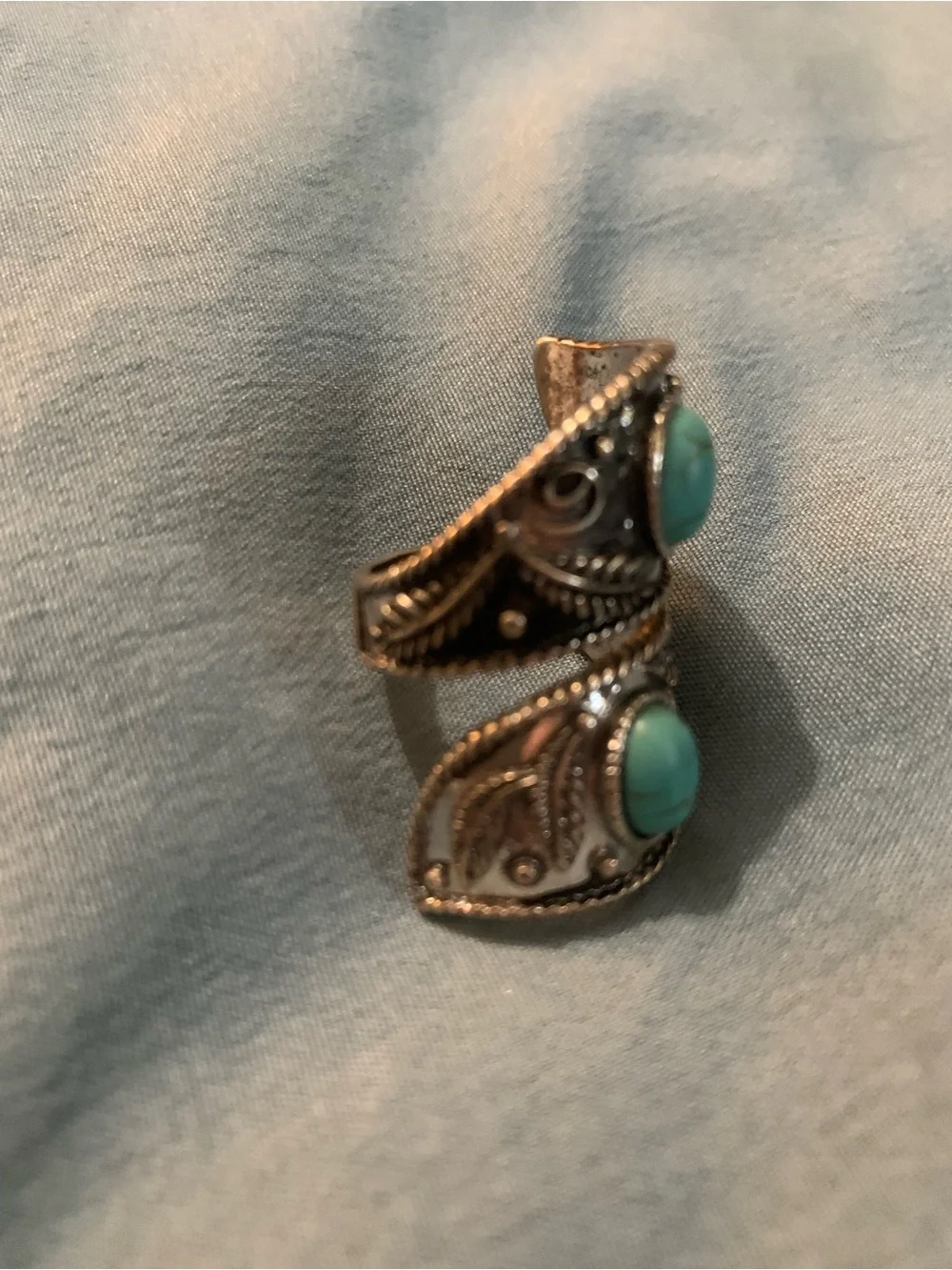 Vintage Silver-Tone Wrap Ring with Oval Reconstituted Turquoise Stones